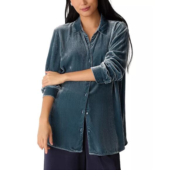Eileen Fisher Classic Collar Long Sleeve Velvet Shirt SZ 2X Plus Sea Spray Teal - Picture 1 of 16
